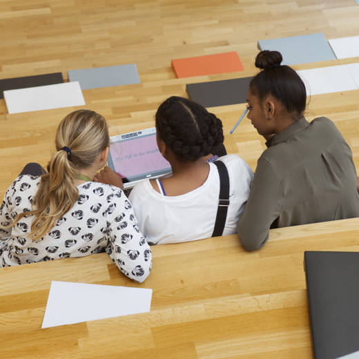 Scholieren Op Tribune Met Laptop